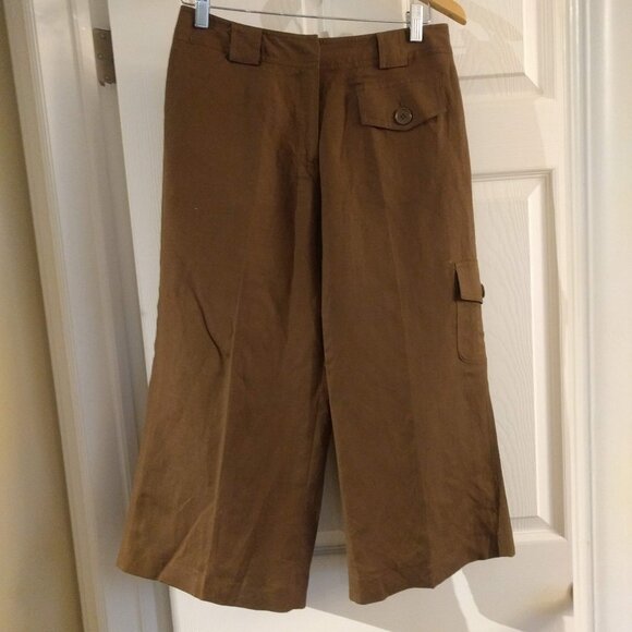 Brown Linen Blend Lined Crop Wide Leg Pants - Picture 1 of 5